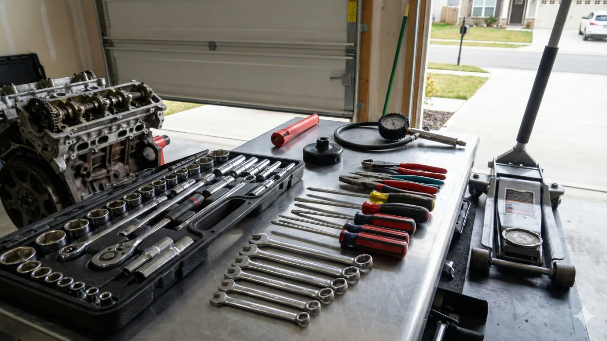 A garage workbench laid out with a collection of essential tools for DIY car maintenance, including a socket set, wrenches, screwdrivers, and a floor jack.