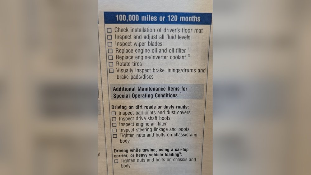 100000 Mile Maintenance Checklist