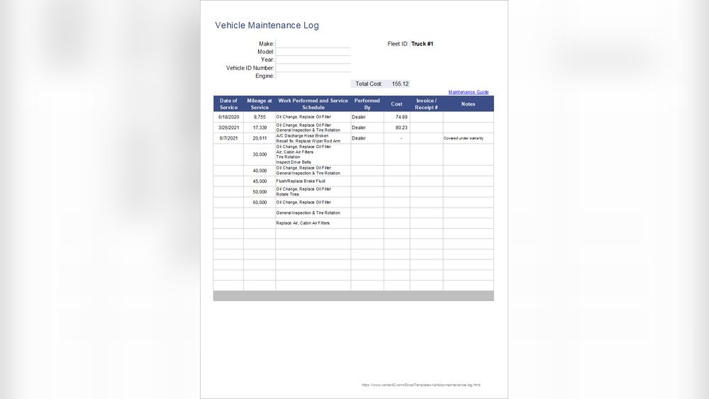 Car Maintenance Log Template